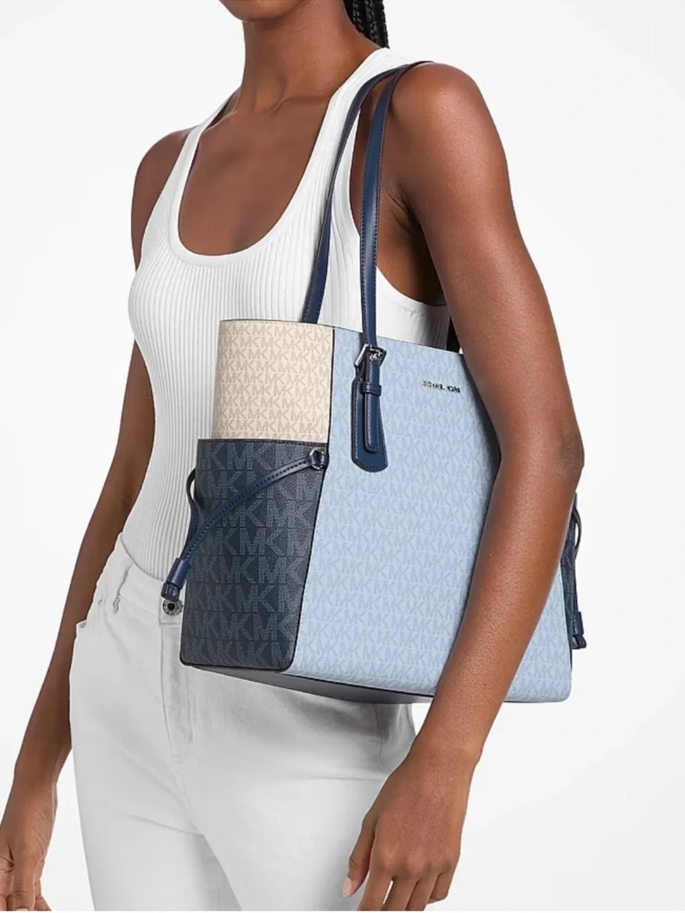 Michael Kors Voyager Lg Color-Block Signatr Logo EW Shoulder Tote Pale Ocean NWT